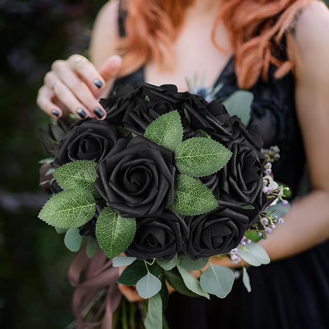 AmyHomie Artificial Flowers Black Rose 25pcs Real Looking Fake Roses w/Stem - Image 3