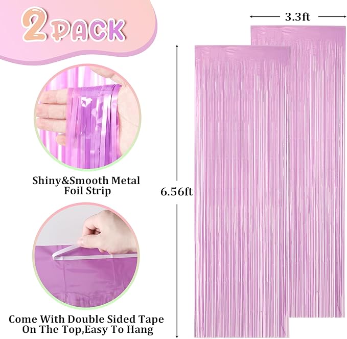2 Pack Pastel Purple Foil Fringe Backdrop Curtains, Tinsel Streamers Birthday - Image 2