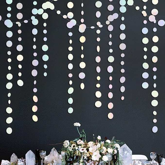 46 Ft White Iridescent Circle Dots Garland Hanging Holographic Polka Dots - Image 5