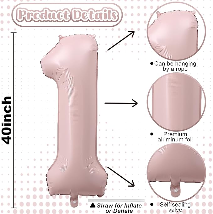Pink 1 Balloons, 40 Inch Dusty Retro Light Pink Helium Foil Number 1 Balloon - Image 2