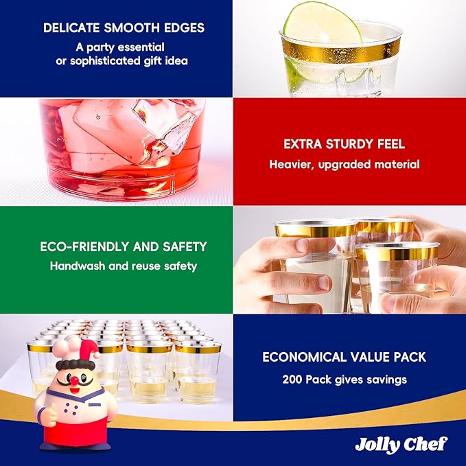 JOLLY CHEF 200 Pack 10 oz Gold Plastic Cups Elegant Gold Rimmed Disposable Cups - Image 3