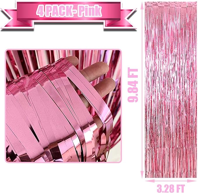 4 Pack Pink Foil Fringe Curtain Backdrop, 3.3Ft x 9.8Ft Metallic Tinsel Foil - Image 2