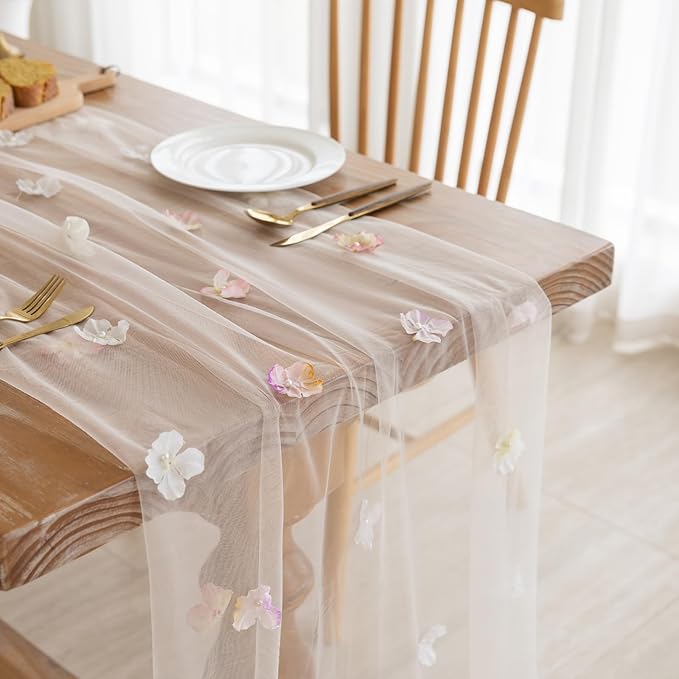 Romantic Artificial Floral Table Runner 10ft Gauze Tulle Lace Table Runner Set - Image 2
