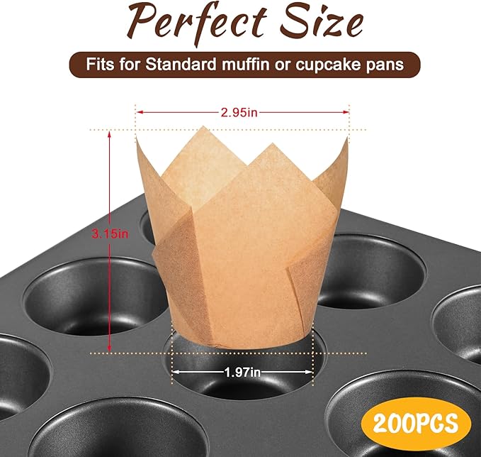 Natural Tulip Cupcake Liners for Baking 200 Cups, Unbleached Parchment paper - Image 2