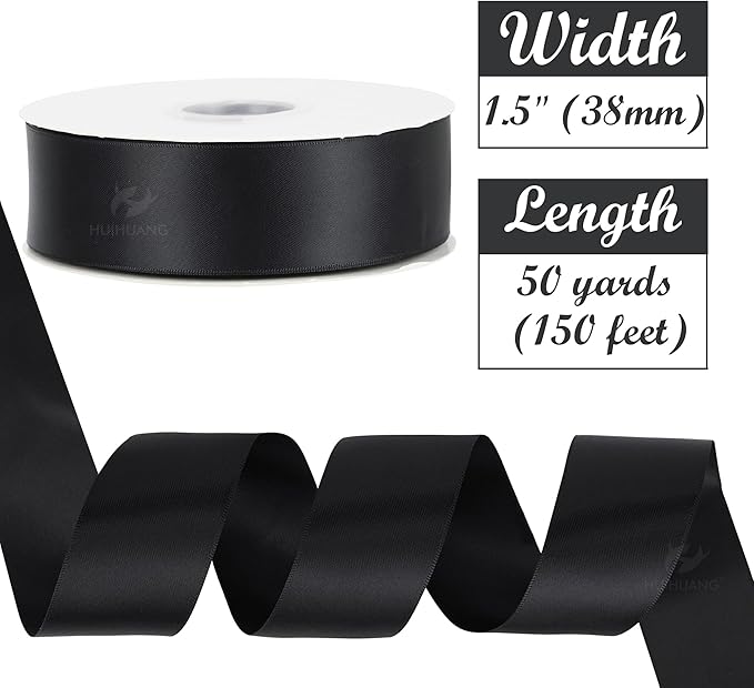 HUIHUANG 1-1/2 inch Double Face Satin Ribbon, Polyester Satin Black Ribbon 50 - Image 2