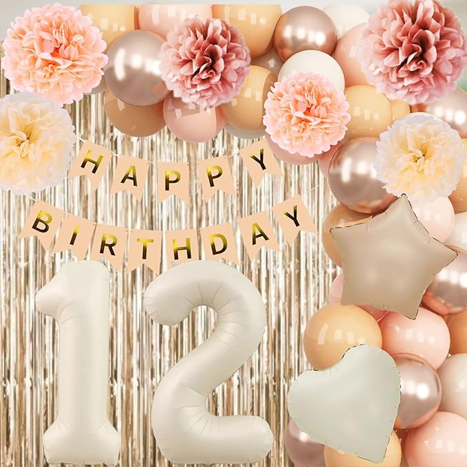 Beige 12th Birthday Decorations Girls Boys Cream Number 12 Balloon Nude Gold - Image 3
