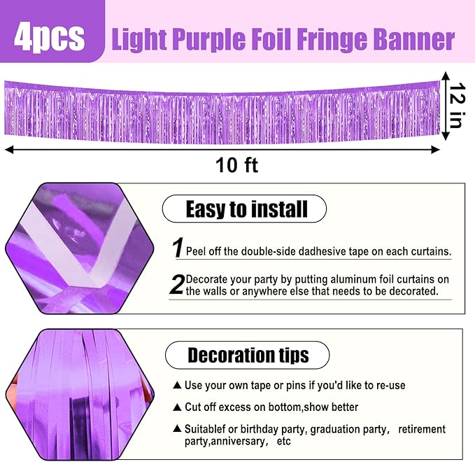 4 Pack 10 Feet Light Purple Foil Fringe Garland Metallic Tinsel Streamers - Image 2