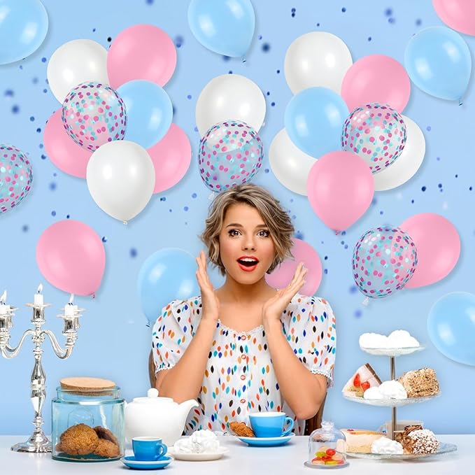 Pink and Blue Balloons Set, 12 Inch Pastel Pale Blue Pink Confetti Latex - Image 5