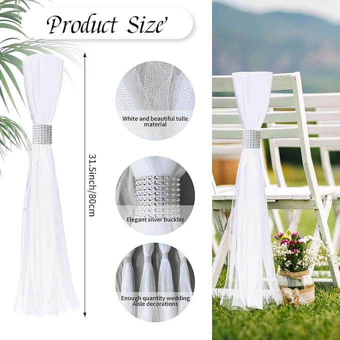 26 Sets Large White Pew Bows Tulle Wedding Aisle Chair Decorations, Extended - Image 2