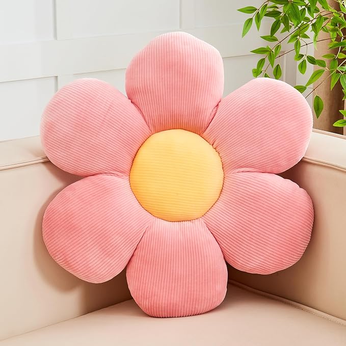 Pink Flower Pillow, 14.9" Cute Flower Shaped Floor Pillow, Aesthetic Floral by Kcvvcr
