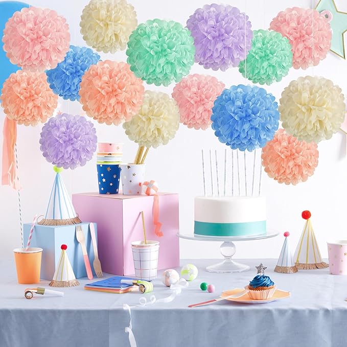 EASY JOY 15PCS Pastel Paper Tissue Pom Poms Decoration Macaron Rainbow Candy - Image 4