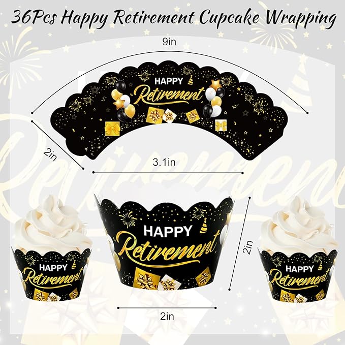 Whaline 36Pcs Happy Retirement Cupcake Wrappers Black Gold Retirement Cupcake - Image 2