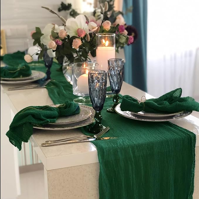 Hahuho Emerald Green Cheesecloth Table Runner 10ft, Gauze Boho Rustic Table - Image 7