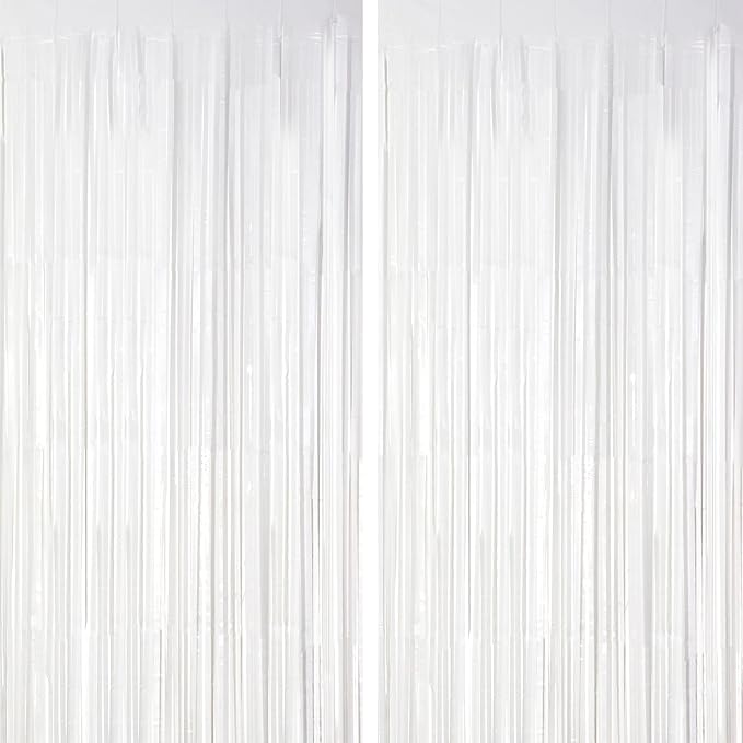 2 Pack White Tinsel Foil Fringe Curtains, Metallic Tinsel Party Streamers by Voircoloria