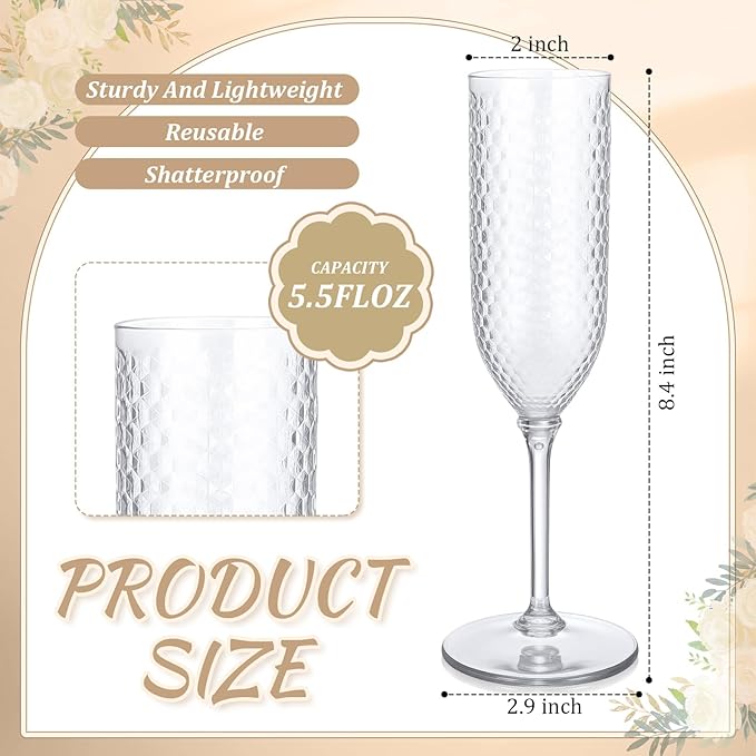 Remerry 24 Pack Detachable Plastic Champagne Flutes 5.5 oz Champagne Glasses - Image 3