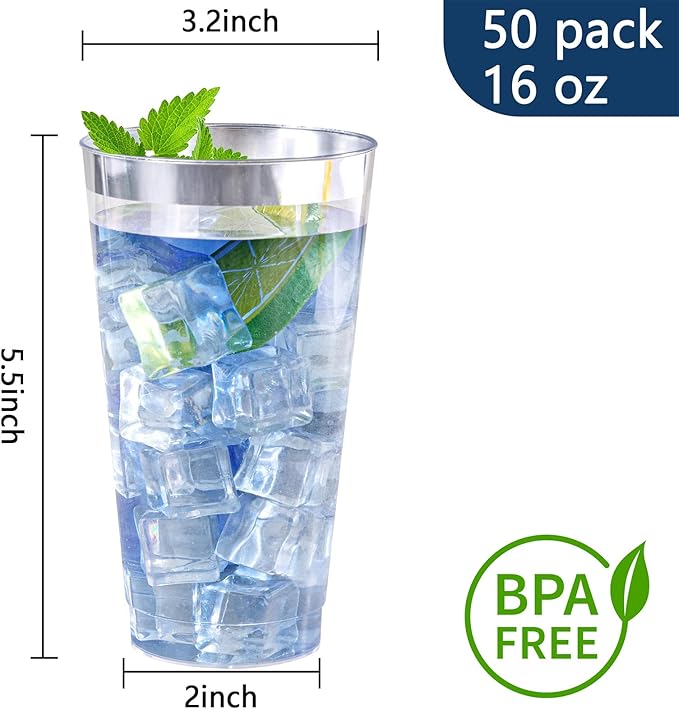 I00000 16 oz Silver Plastic Cups, 50 Pack Clear Plastic Cups, Heavy-duty - Image 3
