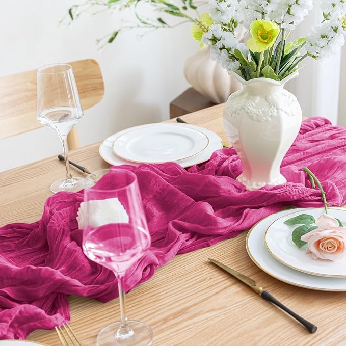 Asee'm 2pcs Cheesecloth Table Runner 120 Inches Long Fuchsia Boho Gauze Cheese - Image 5