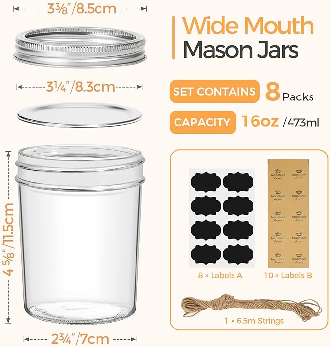 ComSaf Wide Mouth Mason Jars 16oz - Image 2
