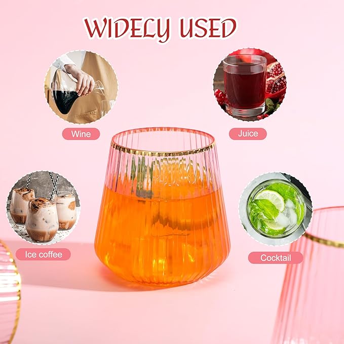 24 Pcs Pink Plastic Wine Glasses Ribbed Disposable Wine Glasses Unbreakable - Image 7