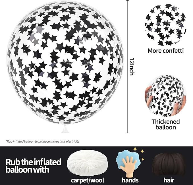 VHUWE 25 Pcs Black Star Confetti Balloons, 12 Inch Clear Latex Balloon - Image 2
