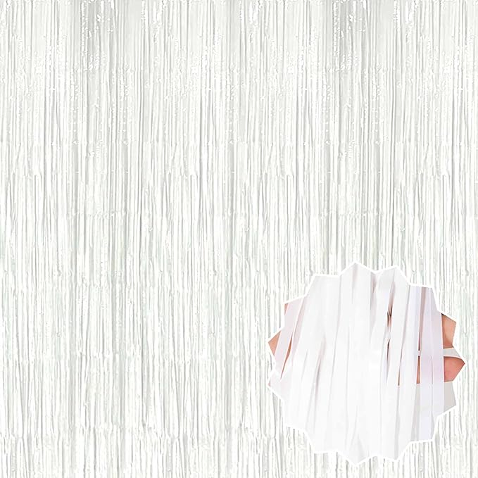 6 Pack Macaron White Foil Fringe Curtains Backdrop, 3.28 x 8.2 Ft Metallic by LANTIANCHEN