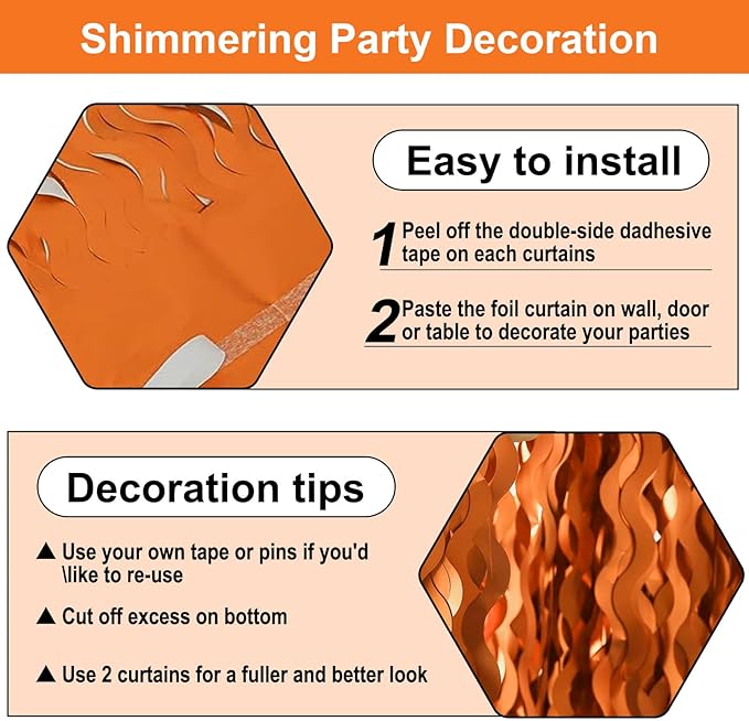 4 Pack Orange Wave Foil Fringe Curtain Backdrop, 3.28Ft x 8.2Ft Metallic Tinsel - Image 3