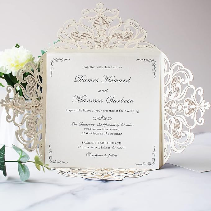 Hosmsua 50PCS Personalized Silver Glitter Laser Cut Wedding Invitation Cards - Image 7