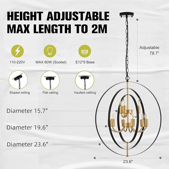 9-Light Globe Rustic Metal Chandelier, 23.6" Black Gold Adjustable Hanging - Image 2