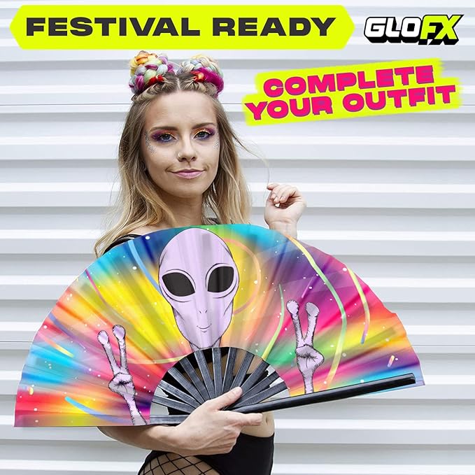 GloFX Rave Fan - Rainbow Alien - Large Folding Fan - Festival Gear - Image 6