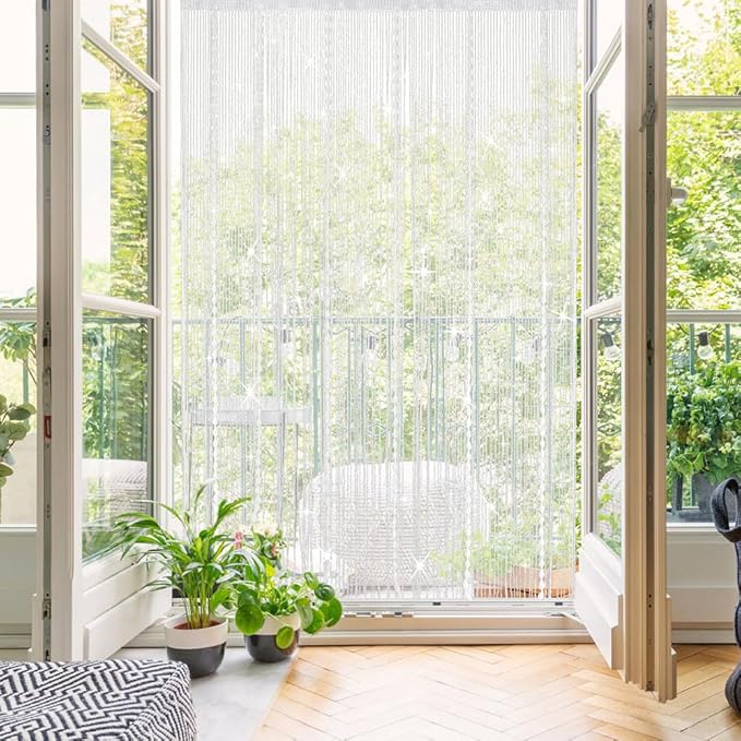 Hysenm Door String Curtains 39x79 Inch White Panel Soft Balls Romantic Glitter - Image 6