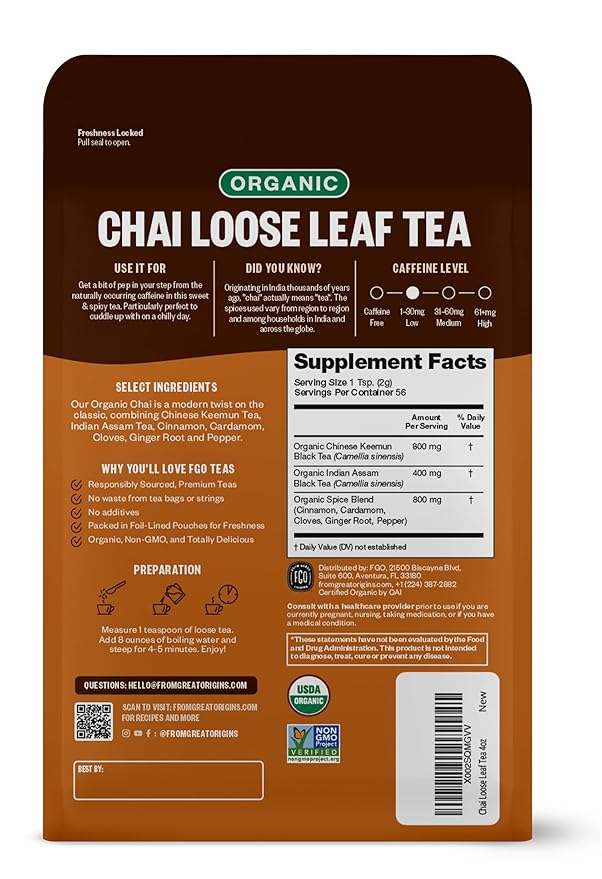 FGO Organic Chai Tea, 4 Ounce Loose Leaf, Resealable Bag, Packaging May Vary - Image 2