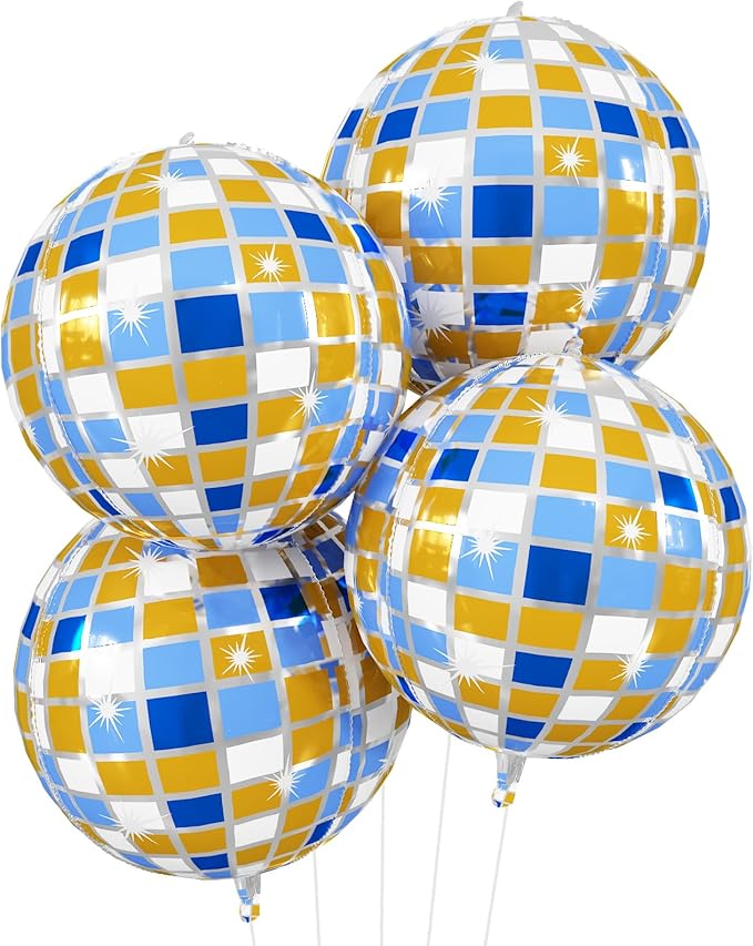 Disco Ball Balloons Blue Gold 4PC, Foil Disco Balloons 22 Inch 4D Round Blue by Cledeco