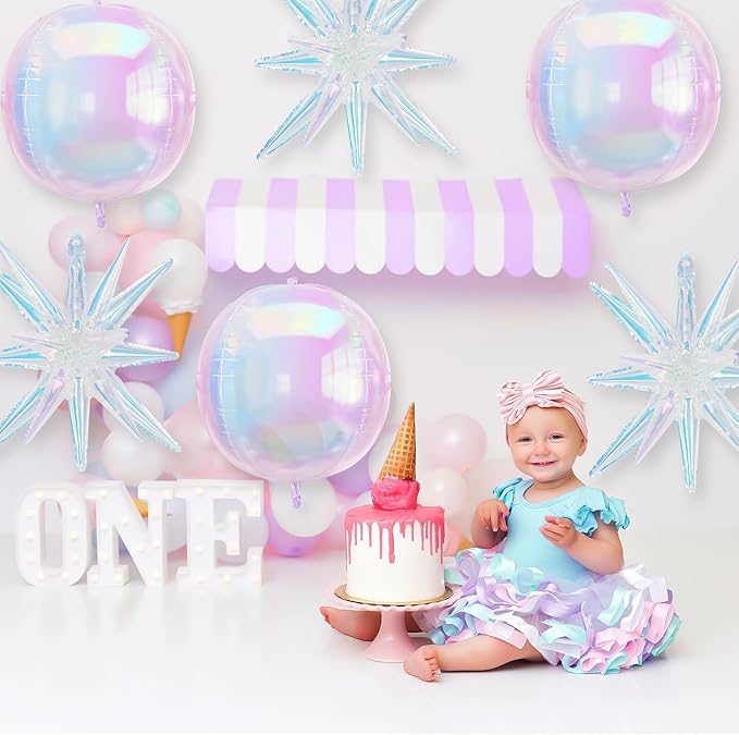 6Pcs Iridescent Foil Balloons, 22in 4D Round Ball and 18in Explosion Star - Image 3