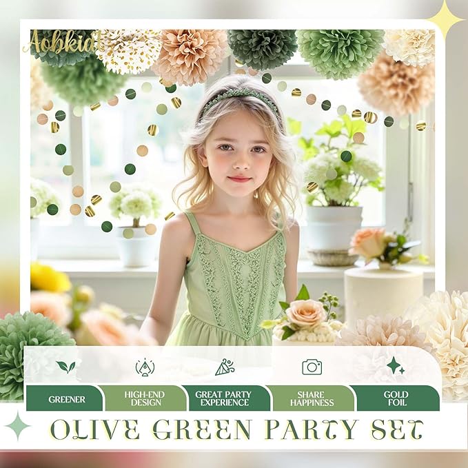 AOBKIAT Sage Green Wedding Party Decorations, Circle Dots Garland Paper Tassels - Image 8