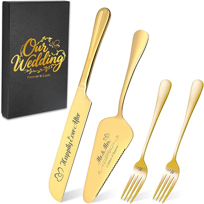 Personalized Wedding Cake Knife and Server Set, Wedding Gold Cake Cutting Set by Unknown