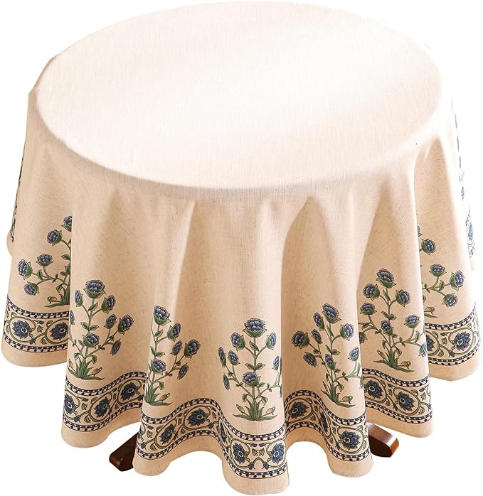 patdrea Designer Linen Blue Round Tablecloth, Vintage Leaves Pattern Floral by Welcometopatdrea