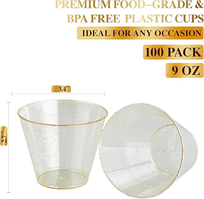 FOCUSLINE 9 oz Gold Plastic Cups, Disposable Clear Fancy Hard Plastic Cups - Image 2