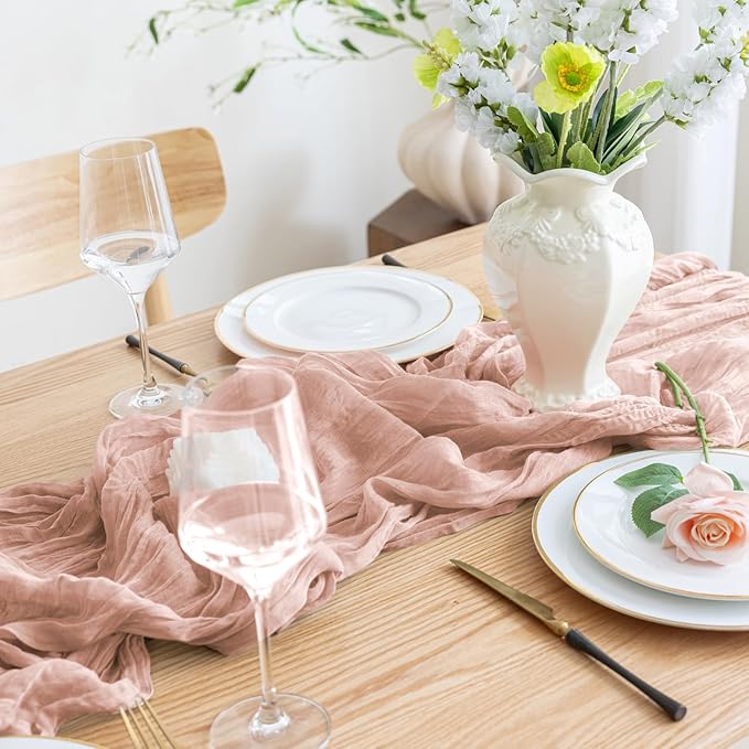 Asee'm Cheesecloth Table Runner 120 Inches Dusty Pink Boho Gauze Cheese Cloth - Image 6