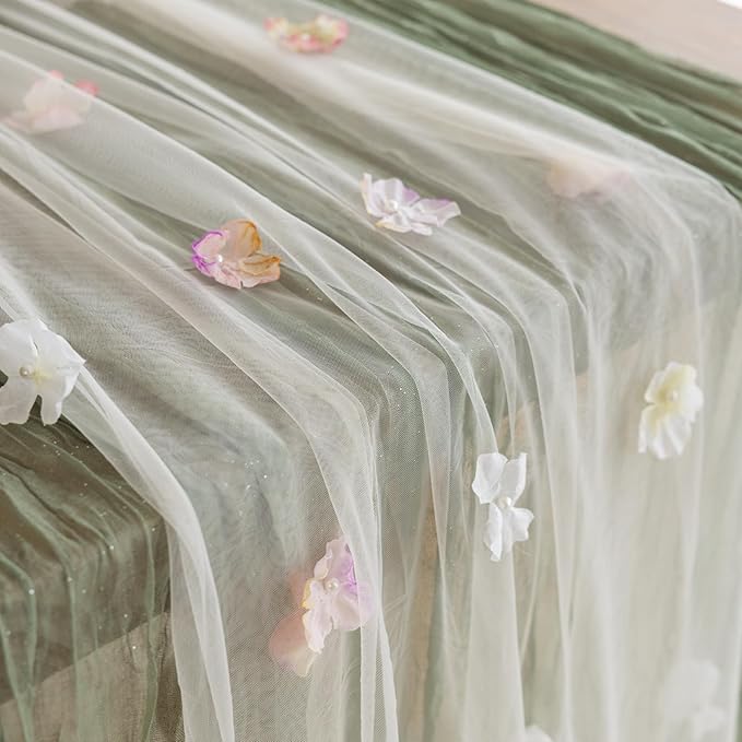 Romantic Artificial Floral Table Runner 10ft Gauze Tulle Lace Table Runner Set - Image 5