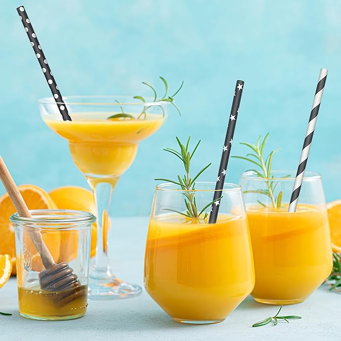 200 Black Straws, Biodegradable Black and White Paper Striped Straws - Image 7