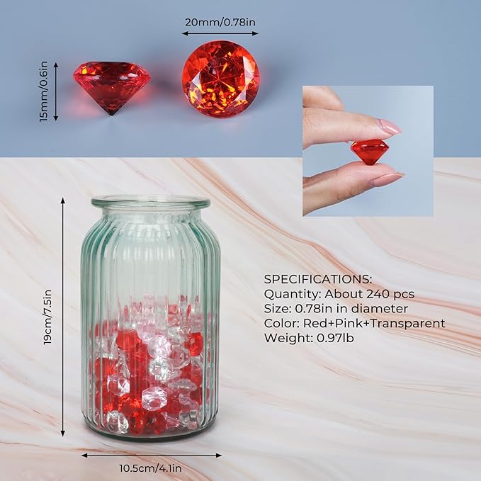 Acrylic Diamond Fake Gems Vase Filler, Babenest 240pcs 3/4 Inch Faux Diamonds - Image 4