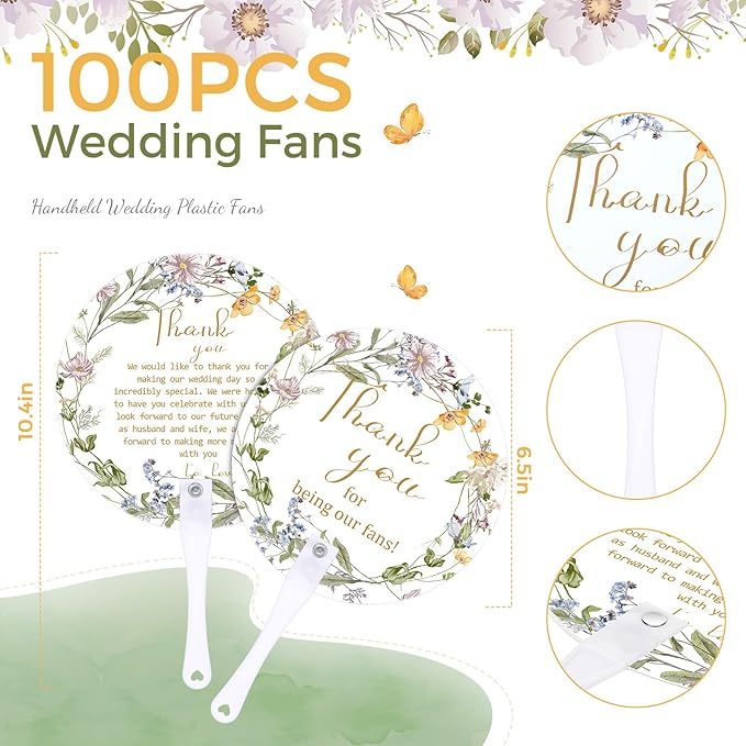 Roowest 100 Pcs Wedding Fans for Guests Bulk Plastic Floral Handheld Wedding - Image 2