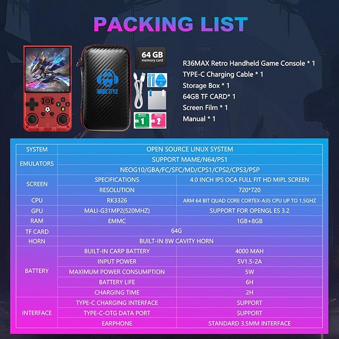 R36MAX Retro Handheld Game Console, 4.0 Inch 720x720 IPS Screen, Built-in 18 - Image 8