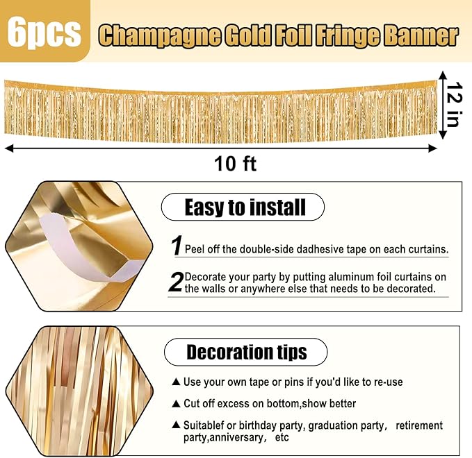 6 Pack 10 Feet Champagne Gold Foil Fringe Garland Metallic Tinsel Streamers - Image 2