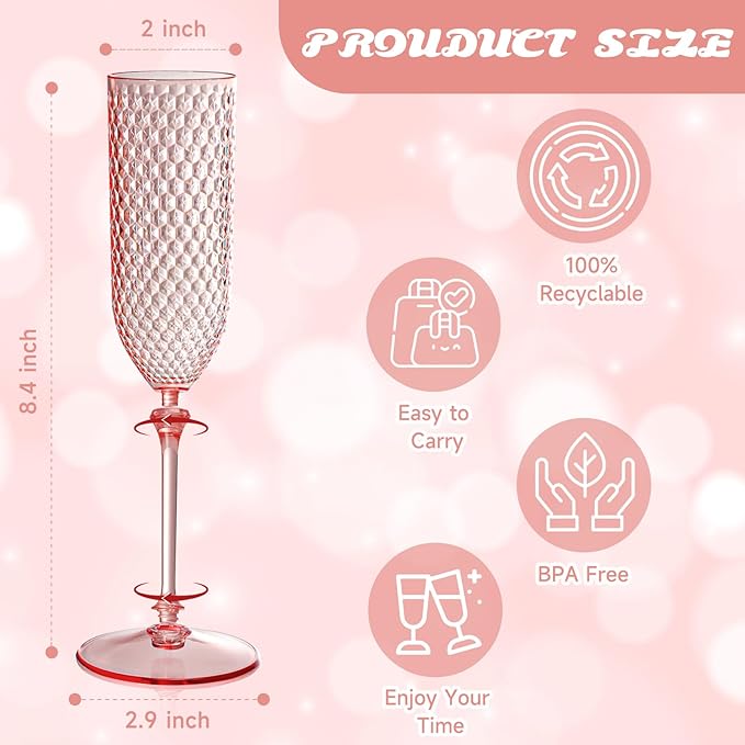 24 Pack Pink Detachable 2 piece Champagne Flutes 5.5 Oz Unbreakable Plastic - Image 2