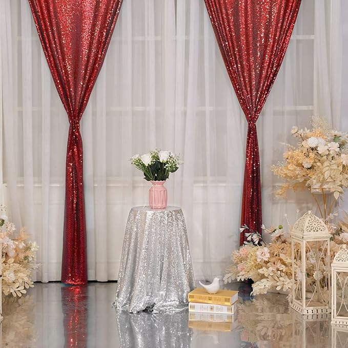 SquarePie Sequin Curtain Backdrop 2FT x 8FT Red 2pcs Background - Image 7