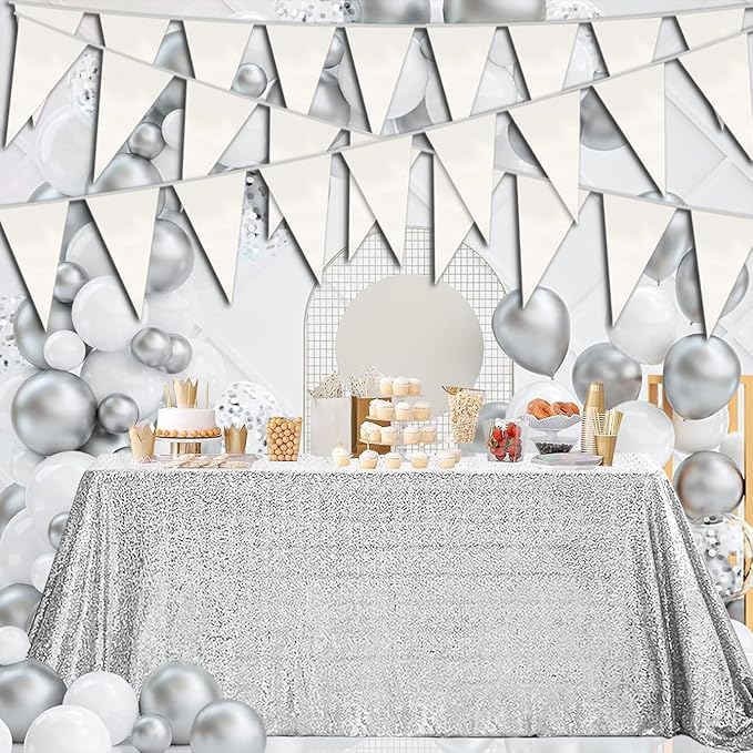 20M/65FT White Triangle Pennant Banner Flag Metallic Fabric Bunting Garland - Image 3