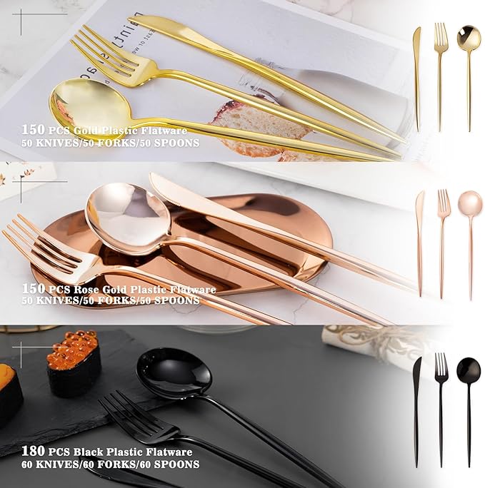 150PCS Gold Plastic Silverware, Heavy Duty Disposable Utensils Include 50 Forks - Image 7