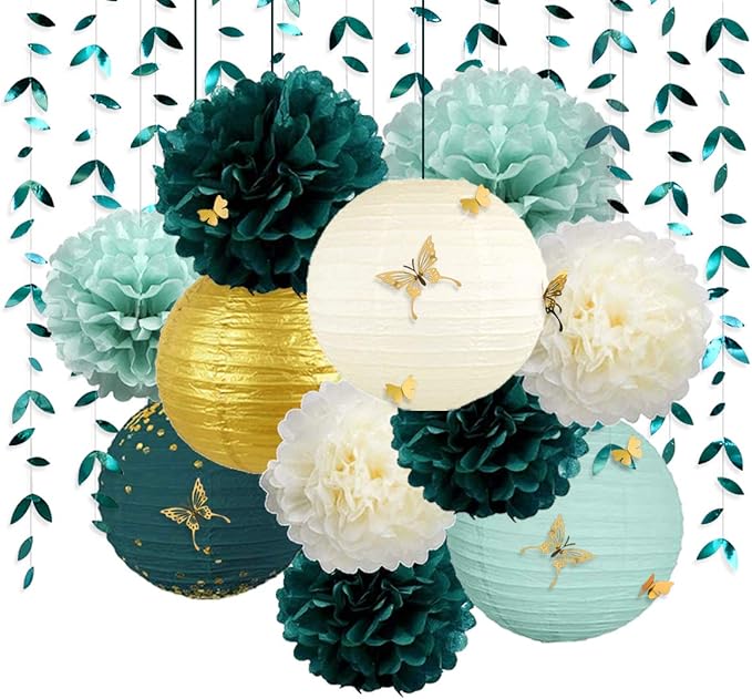 Hunter Green and Gold Hanging Tissue Lantern Flowers Pom Pom by pinkblume