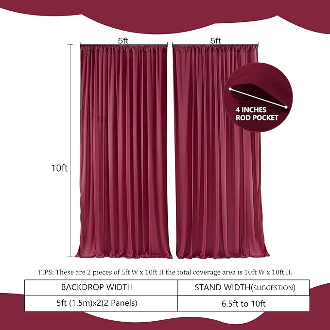 2 Panels Burgundy Backdrop Curtain, 10 x 10 Feet Satin Background Curtains - Image 2